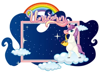 Foto op Plexiglas Empty banner with cute unicorn cartoon character on white background © GraphicsRF