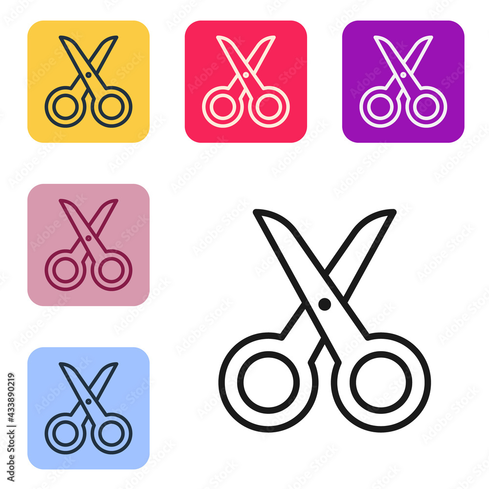 Poster black line scissors icon isolated on white background. cutting tool sign. set icons in color square 