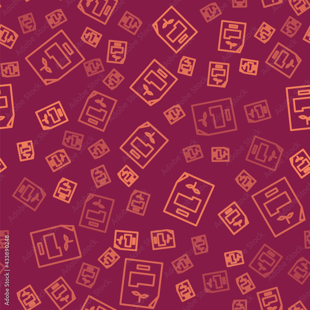 Poster brown line leaf document icon isolated seamless pattern on red background. nature file icon. vector 