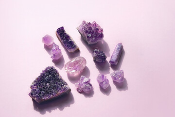 amethyst minerals gemstones set. spa, relax concept. Healing stones for Crystal Ritual, spiritual...