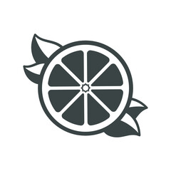 Half citrus fruit slice with leaves silhouette. Simple flat icon logo clip art vector design