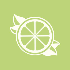 White half slice citrus fruit with leaves outline silhouette on green background. Simple flat modern clip art logo icon element vector illustration design.
