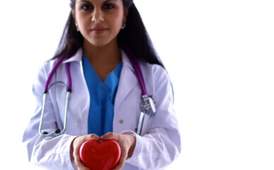 Doctor with stethoscope holding heart, isolated on white background