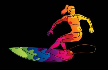Woman Surfer Surfing Sport Action Cartoon Graphic Vector