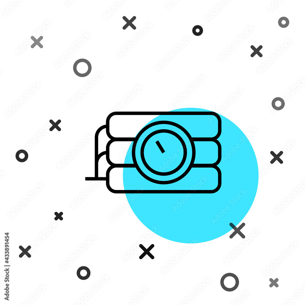 Poster black line detonate dynamite bomb stick and timer clock icon isolated on white background. time bomb