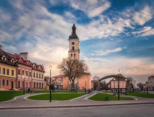 Picturesque landscape overlooking the old town hall. City hall and clock tower