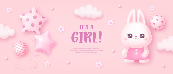 Baby shower invitation with cartoon rabbit, helium balloon, clouds and flowers on pink background. It's a girl. Vector illustration