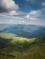 Mountain valley during sunrise. Natural summer landscape