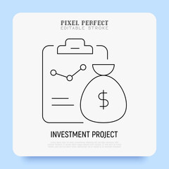 Investment project thin line icon. Graph of growth on clipboard and bag of gold. Pixel perfect, editable stroke. Vector illustration.