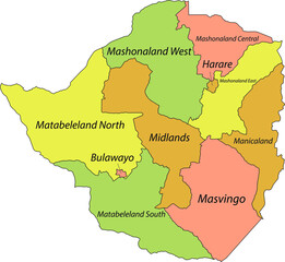 Pastel vector map of the Republic of Zimbabwe with black borders and names of its provinces