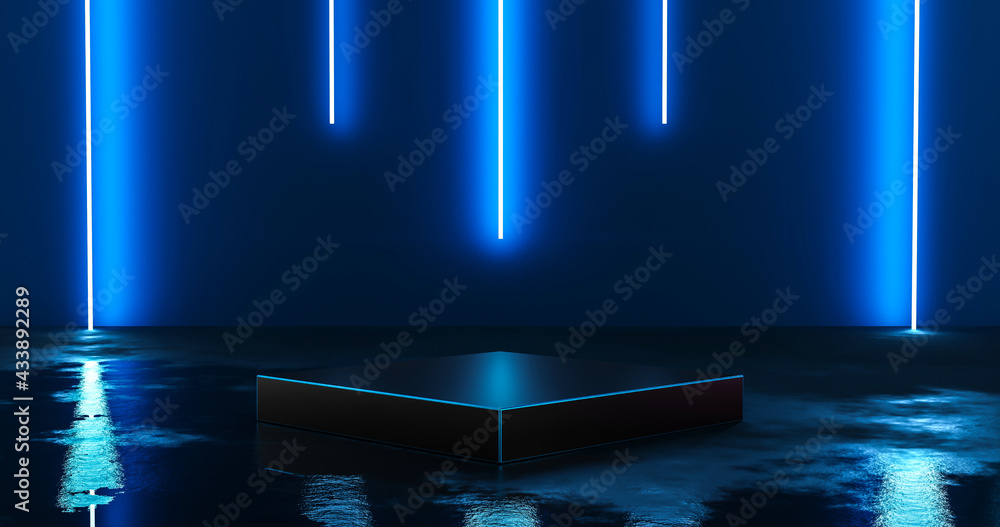 Poster futuristic blue neon light product background stage or podium pedestal on grunge street floor with g