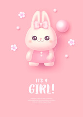 Fototapeta na wymiar Baby shower invitation for baby girl with cartoon rabbit and flowers. Vector illustration