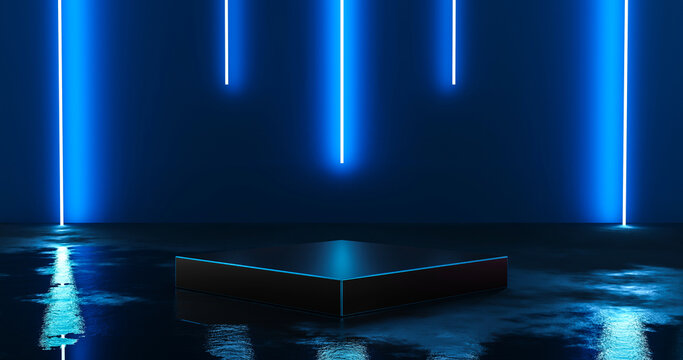 Futuristic blue neon light product background stage or podium pedestal on grunge street floor with glow spotlight and blank display platform. 3D rendering.