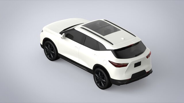 Back isometric view white premium city crossover universal brand-less generic SUV concept car isolated on brown background 3d render image