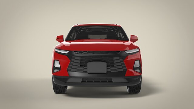 Front view red premium city crossover universal brand-less generic SUV concept car isolated on brown background 3d render image