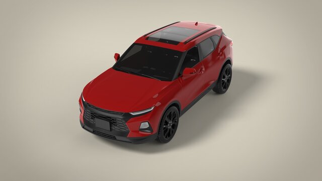 Front isometric view red premium city crossover universal brand-less generic SUV concept car isolated on brown background 3d render image