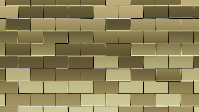 Glossy Tiles arranged to create a Luxurious wall. Gold, Rectangle Background formed from 3D blocks. 3D Render