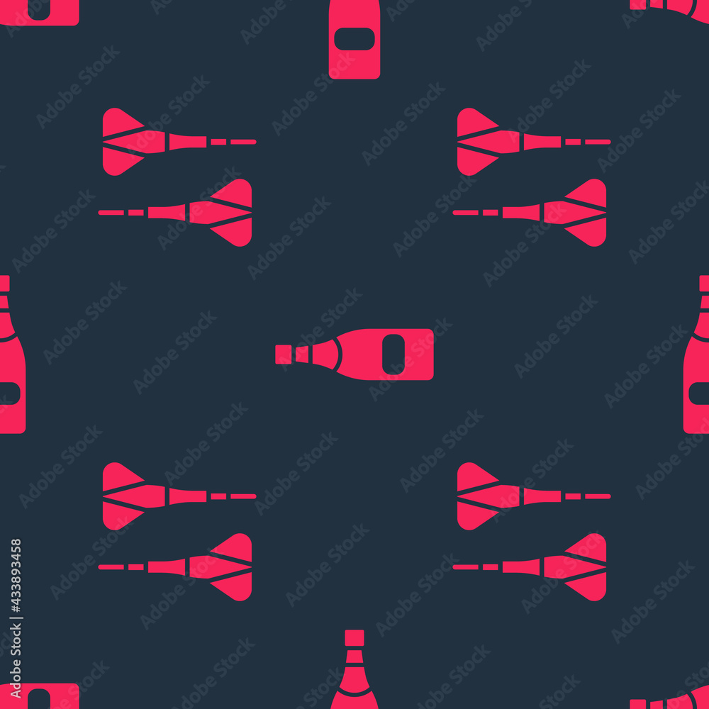 Poster set dart arrow and champagne bottle on seamless pattern. vector