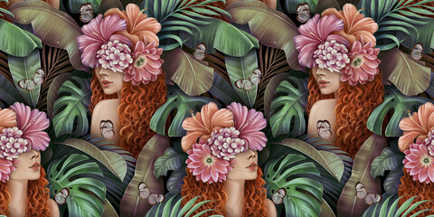 Tropical seamless pattern with beautiful curly redhead women, bouquets of hibiscus flowers, plumeria, monstera, palm, banana leaves, butterflies. Hand-drawn vintage 3D illustration for lux wallpapers