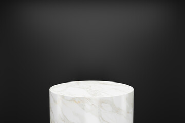 White marble cylinder Product Stand with black background. 3D Rendering
