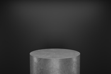 Grey stone plaster cylinder Product Stand with black background. 3D Rendering	
