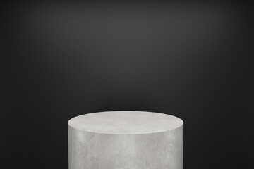 White stone plaster cylinder Product Stand with black background. 3D Rendering