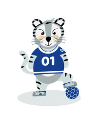 Fototapeta na wymiar A cheerful striped tiger football player in a sports uniform, the symbol of 2022. Vector illustration isolated on a white background drawn by hand. 