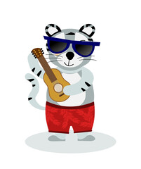 A cheerful striped Bengal tiger in glasses and beach clothes with a guitar, the symbol of 2022. Vector illustration, isolated on a white background, drawn by hand. 