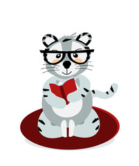 A cheerful striped Bengal tiger sits and reads a book with glasses, the symbol of 2022. Vector illustration, isolated on a white background, drawn by hand. 