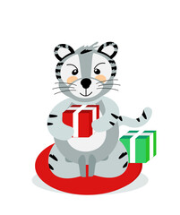A cheerful striped Bengal tiger sits and opens New Year's gifts, the symbol of 2022. Vector illustration, isolated on a white background, drawn by hand. 