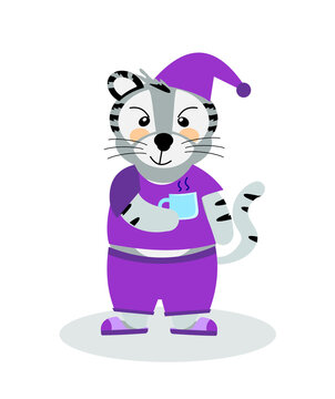 A cheerful striped Bengal tiger in pajamas and slippers with a mug, the symbol of 2022. Vector illustration, isolated on a white background, drawn by hand. 