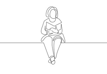 Trendy Line Art Woman with Book. Minimalistic Black Lines Drawing. Female Figure Continuous One Line Abstract Drawing. Modern Scandinavian Design. Vector Illustration.
