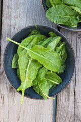 Sorrel in a saucer on a wooden board