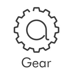 Logotipo palabra Gear con letra inicial a en silueta de engranaje con lineas en color gris