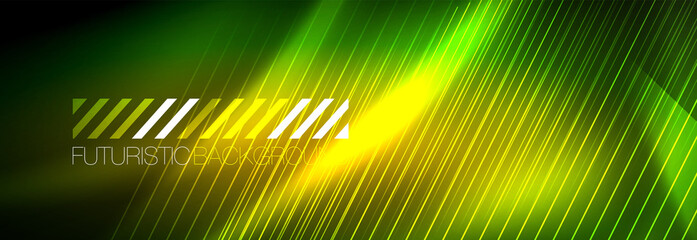 Neon glowing lines, magic energy and light motion background. Vector wallpaper template