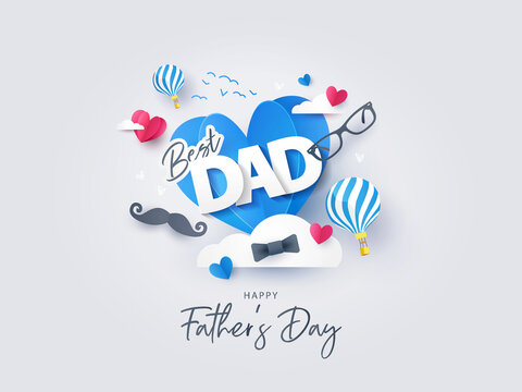Happy Father's Day website banner, greeting card, or poster design with flying origami hearts over clouds, air balloons, paper mustache, glasses and bow tie. Paper art, digital craft style.