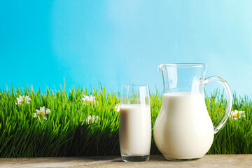 Glass of milk and jar on flower meadow