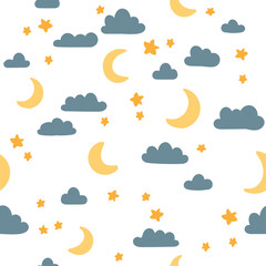 Night sky seamless pattern. Stars, moon, clouds vector background. Cute childish illustration for fabric, scrapbooking, wrapping paper, nursery poster.