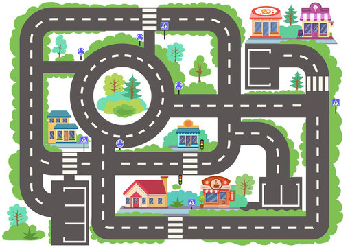 Map with city road. Kids maze game. Wallpaper or carpet for children room. Board game with car. Vector illustration.