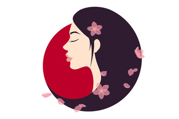 Beautiful asian girl with dark hair. Japanese woman portrait with pink sakura petals and flowers.
