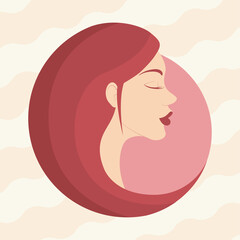 Calm happy woman with long pink hair. Design for beauty salons, spa, fashion and beauty industry. Dreamy girl in flat style. 