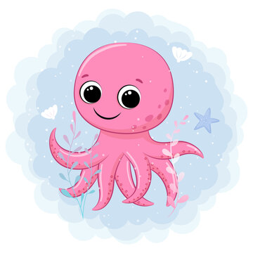 Cute octopus swimming in the sea. Cartoon vector illustration.