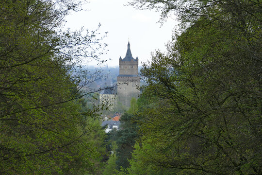 View of Schwanenburg Castle (Swan Castle) through the trees, Kleve, Germany