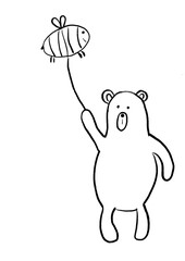 Funny bear with a bee ball on a string. Doodle style illustration, cartoon, hand-drawn.