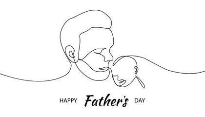 Fathers Day line art.Solid line,continuous one line drawing. Father holding his child . Continuous line art vector.Happy Fathers Day concept with a lettering