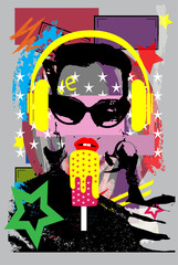 Girl listening music on headphones and eating ice cream. Colorful pop art background vector illustration.