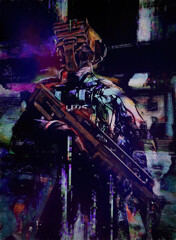 Special Forces concept. In the style of cyberpunk with glitch effects.