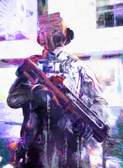 Special Forces concept. In the style of cyberpunk with glitch effects.