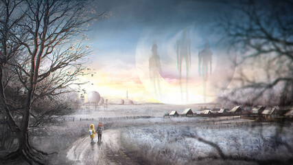 Mystical landscape in the outback of eastern Europe, Russia. Two children meet ghosts