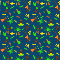 Seamless vector pattern with monkeys, palm trees and leaves.